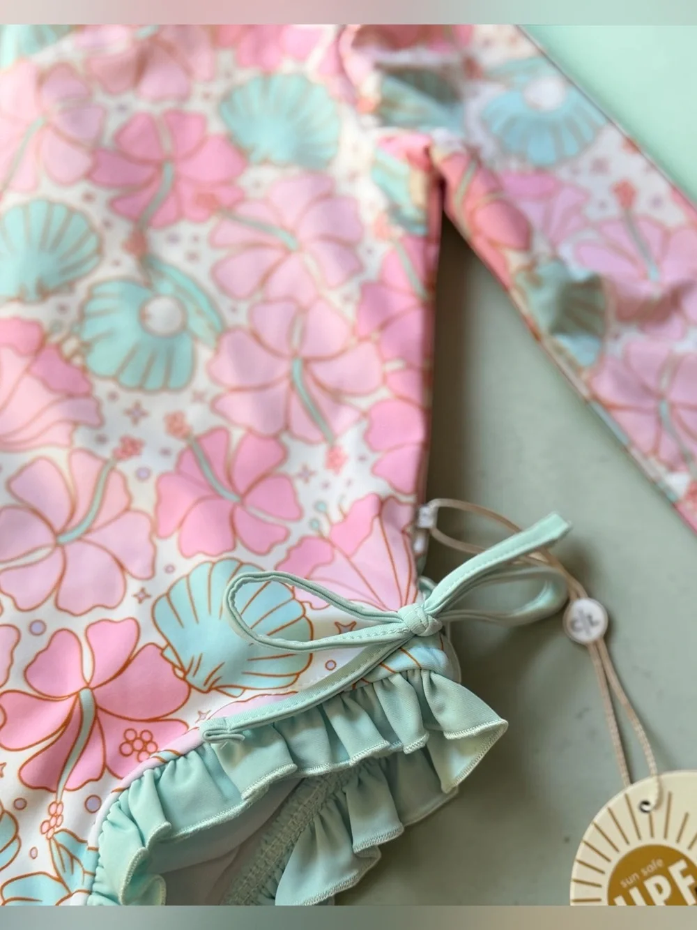 Caden Lane Pink & Mint Seashell Ruffle Rashguard One-Piece